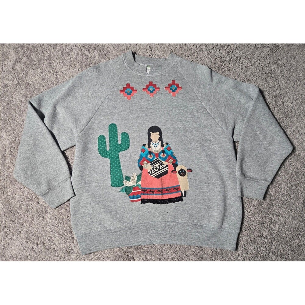 Vintage Fruit of The Loom Crewneck Sweatshirt Indigenous Woman Aztec Patch Sewn